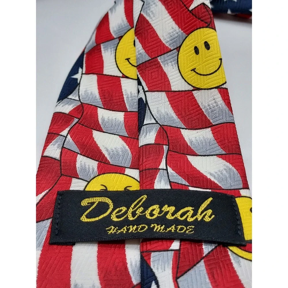 Deborah Hand Made Men American Flag Smiley Face Patriotic Necktie Red White Blue